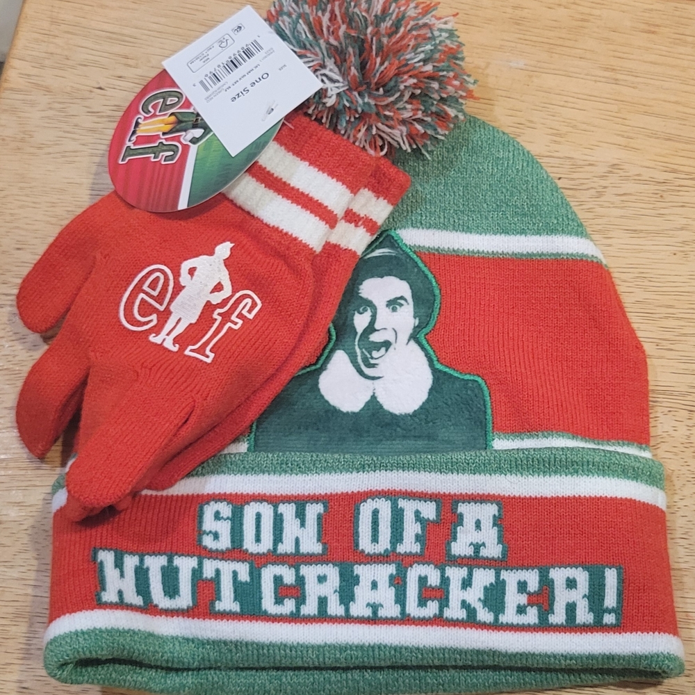 ELF Red and Green Kids Hat and Gloves Set